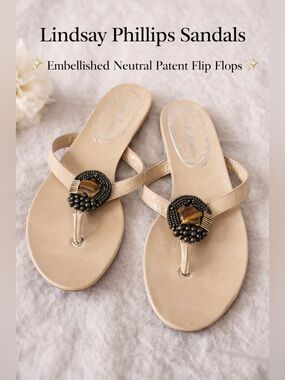 Lindsay Phillips Beige Patent Embellished Thong Sandals Size 7 Tiger Eye Accent